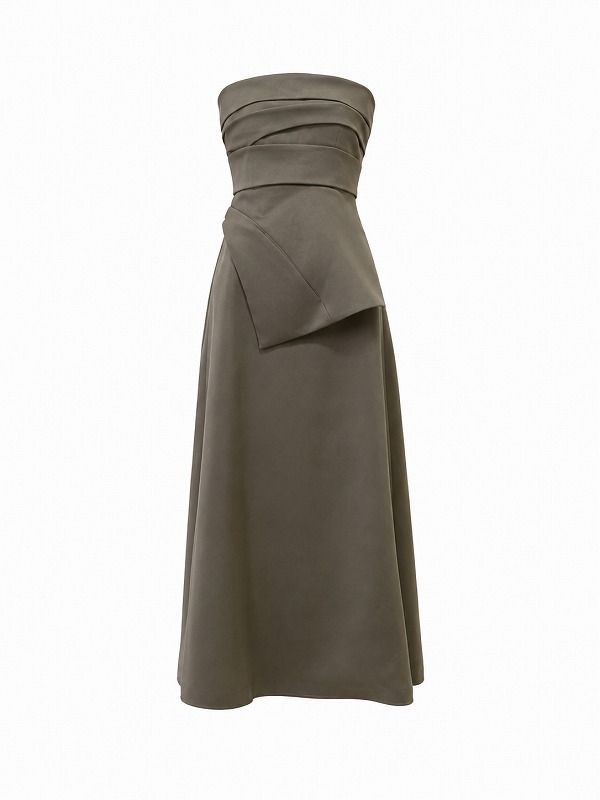 【新品DRESS 471】タックデザイン×ペプラムベアトップミモレ丈セットアップフレアロングドレス カーキ【MODELIVREE】